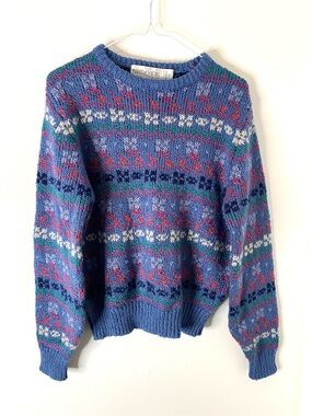 Vintage Point of View Blue Fair Isle Nordic Knit Crewneck Sweater